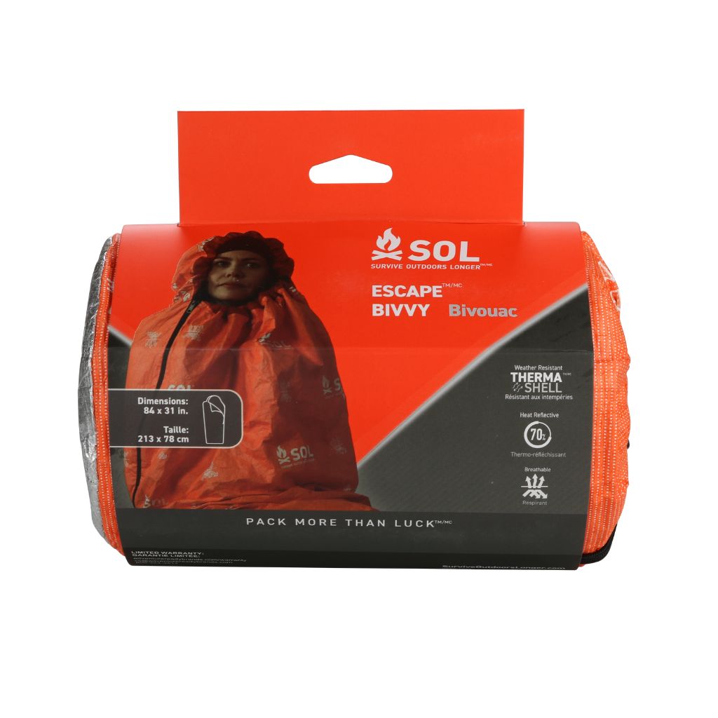 SOL Escape Bivvy Bivouac packaging with orange and black design on a white background