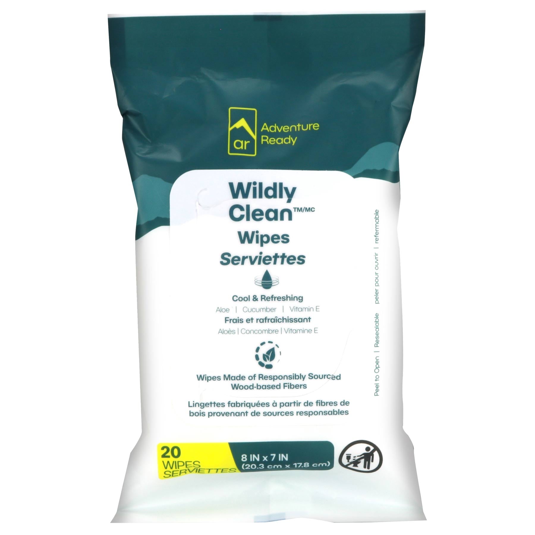 The Adventure Ready Wipes in package on a white background. The packaging explains the ale, cucumber, and vitamin E for cool & refreshing. The wipes are made of responsibly sourced wood-based fibers. There are 20 wipes in the package. Each wipe is 8in x 7in. The packaging also includes French translations.