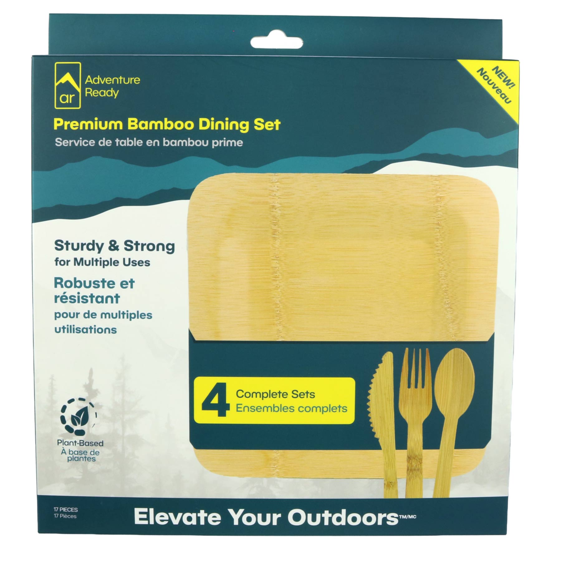 The Adventure Ready Bamboo Dining Set packaging on white background. Packaging shows the brand logo, product name, key product call outs, product image, how many pieces are included, the product comes as 4 complete sets, and a tagline. There is both English and French on the packaging.