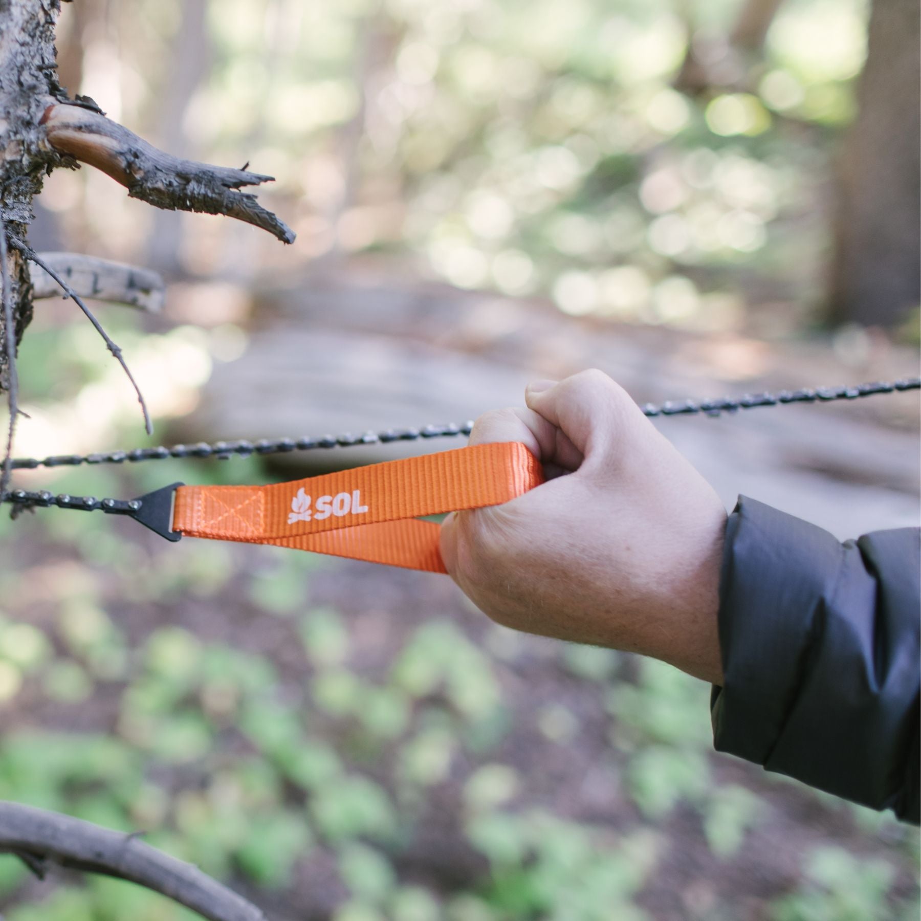 Hands Using Pocket Chain Saw on Tree