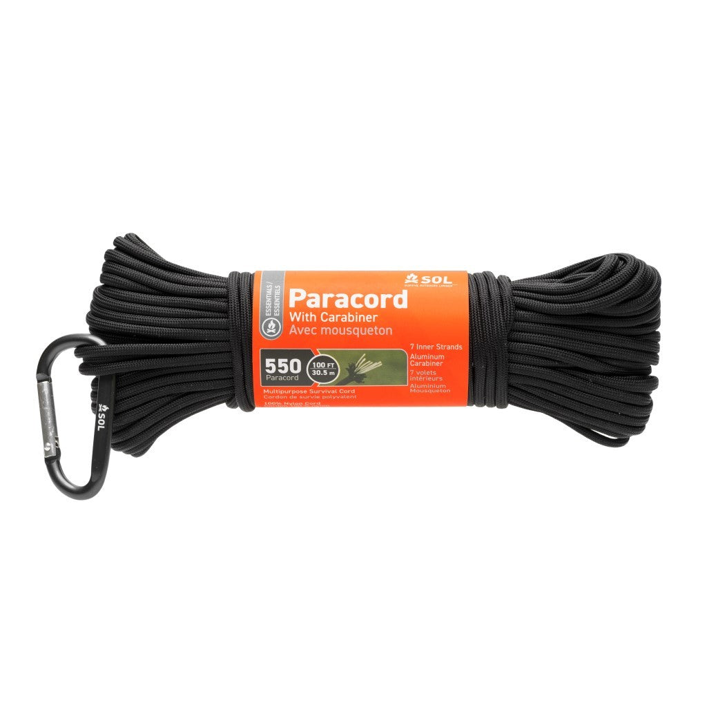 Survive Outdoors Longer 550 Paracord, 100 ft with Carabiner, Black