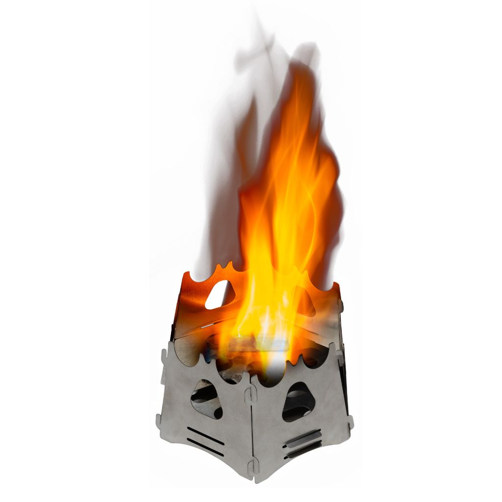 Fire Lite Fuel Cubes on fire in collapsible stove