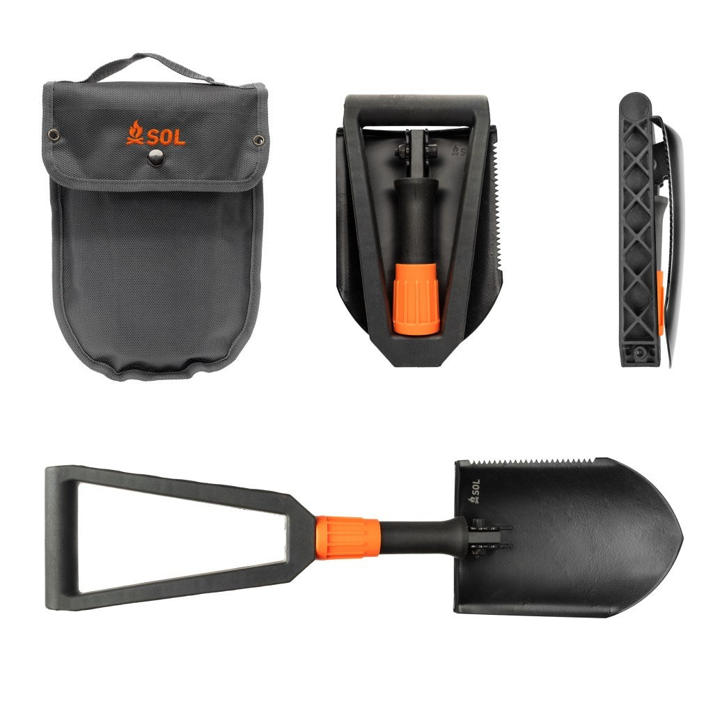 Packable Field Shovel showing opened, collapsed, side view and carrying case