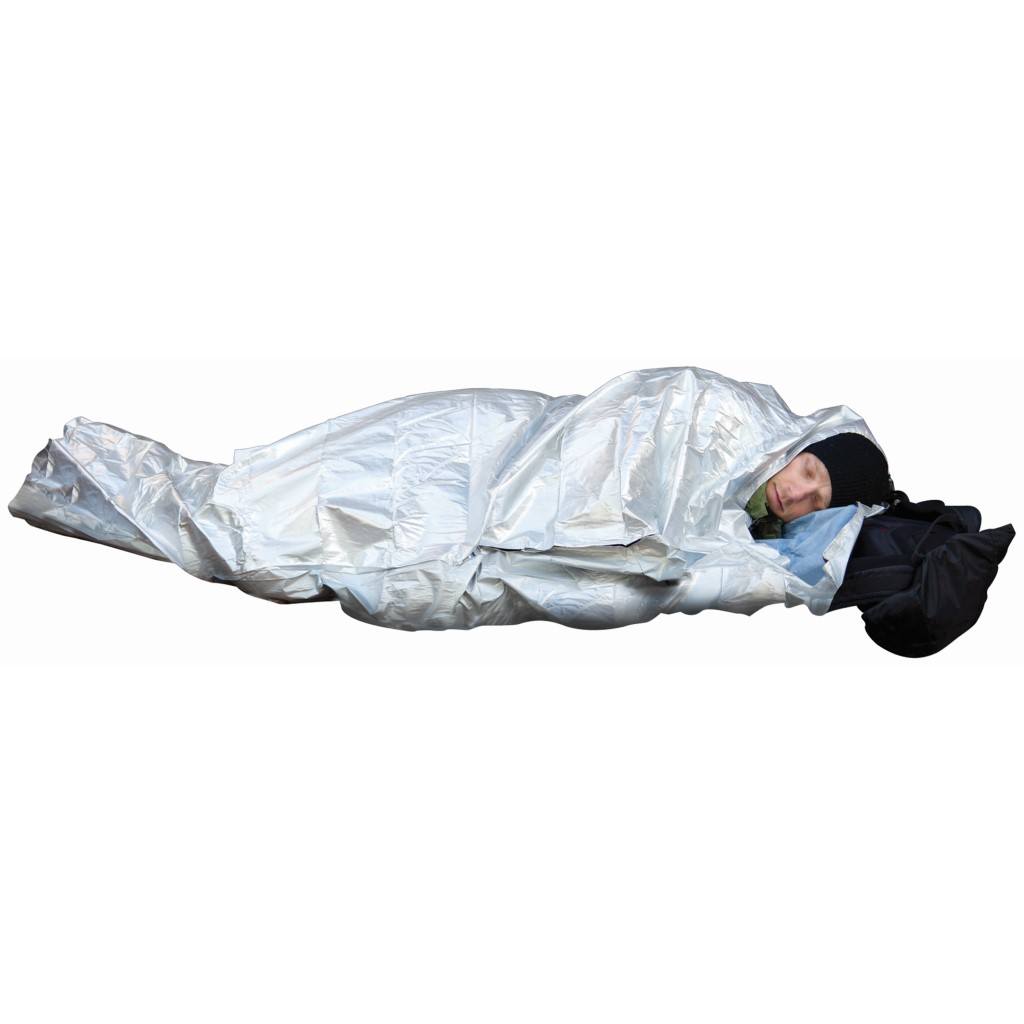 Thermal Bivvy with Rescue Whistle person laying in bivvy sleeping
