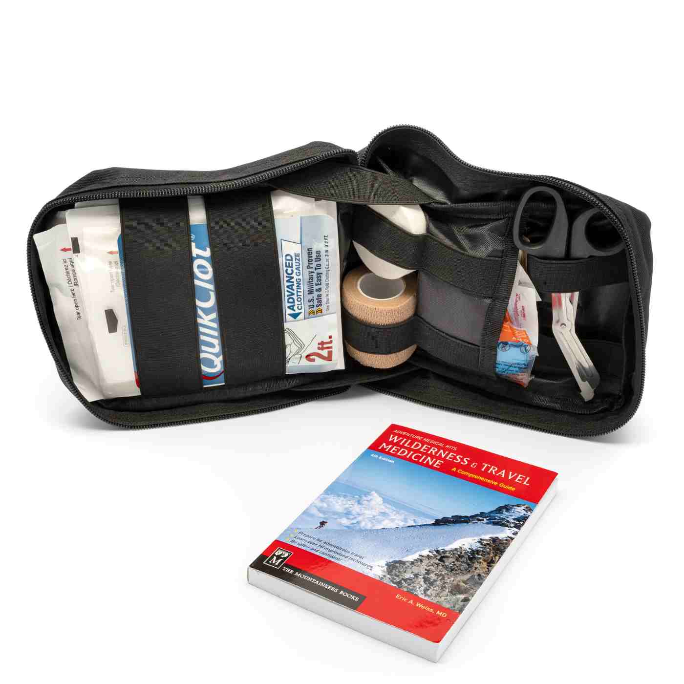 MOLLE Bag Trauma Kit 1.0 - Black opened with book in front
