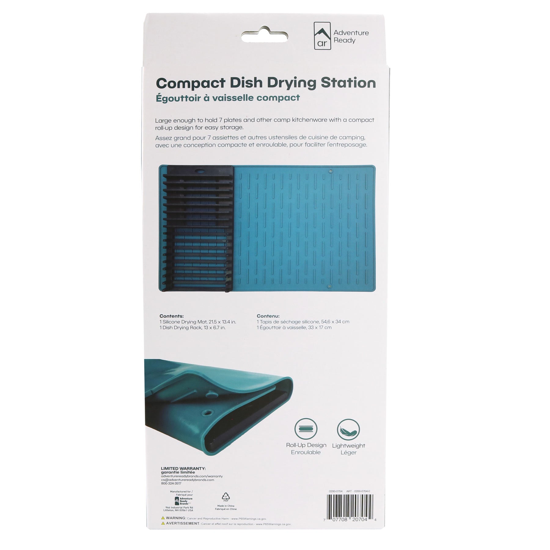 This image shows the back packaging of the Adventure Ready Compact Dish Drying Station on white background. The back of packaging mentions the product's compact design. It shows the product capable and it being able to roll up. There is also information on contents, company information, warnings, UPC barcode, and recycling.