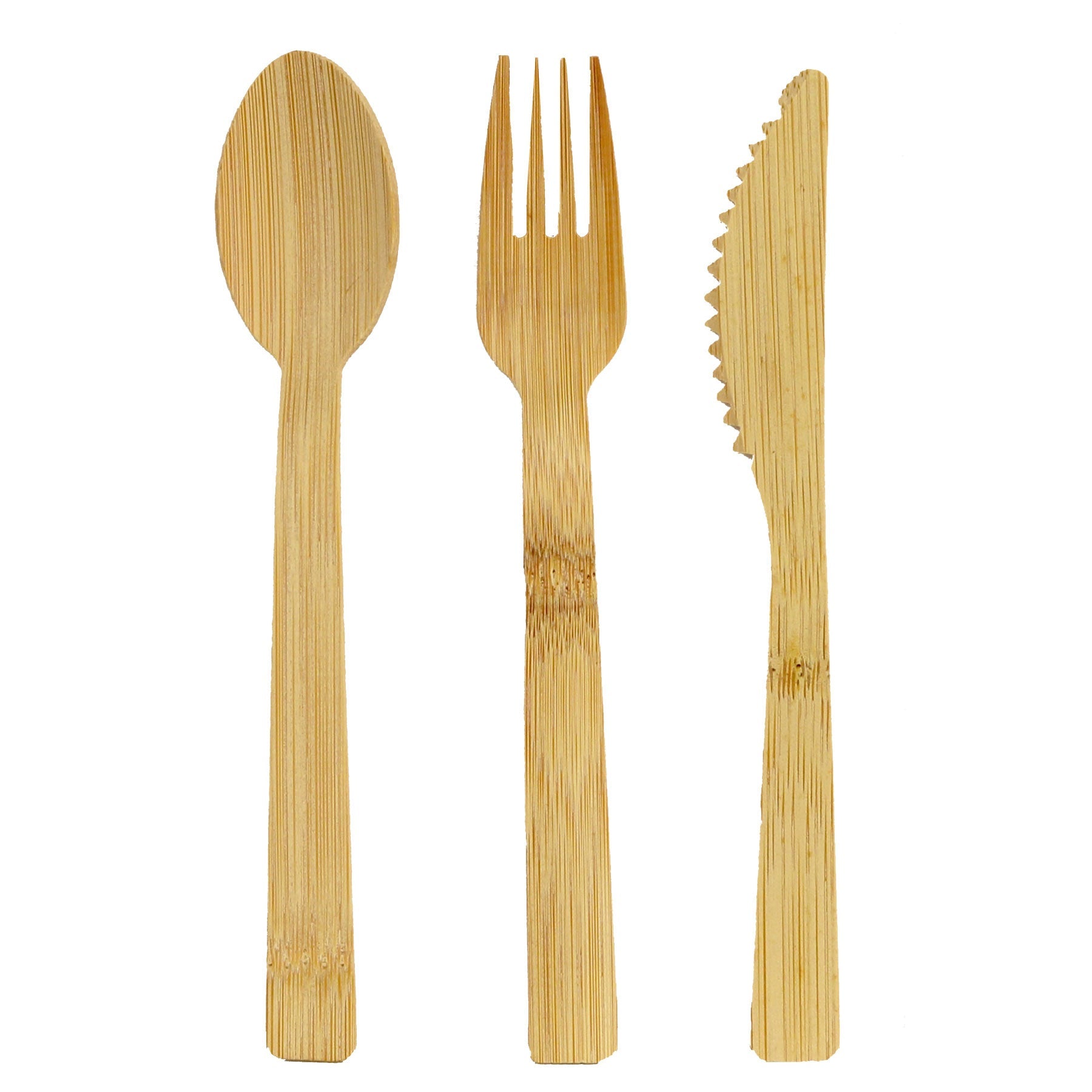 The Adventure Ready Bamboo Dining Set's bamboo spoon, fork, and knife on a white background.