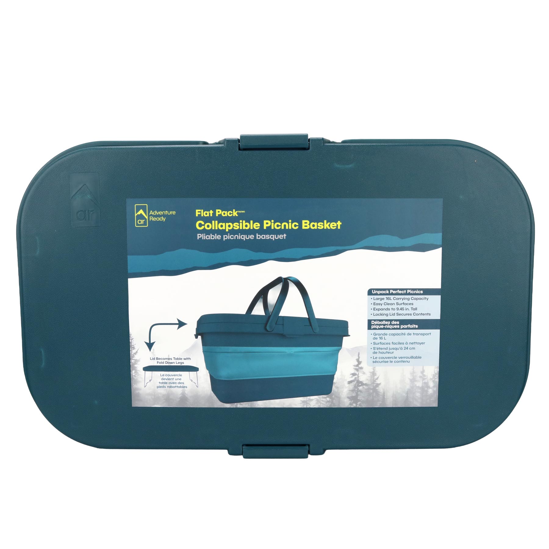 The Adventure Ready Flat Pack Collapsible Picnic Basket shown from top down, viewing the lid and the product's packaging label. The label displays the brand logo, product name, an image of the product, the lid in table form, and key call outs. Languages on the packaging are in English and French.