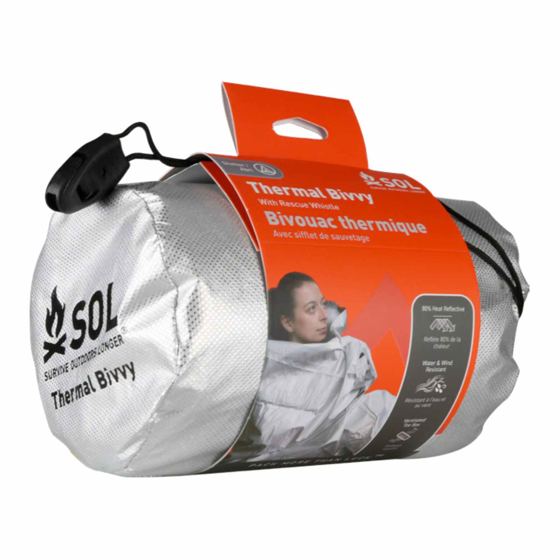 Thermal Bivvy with Rescue Whistle in packaging