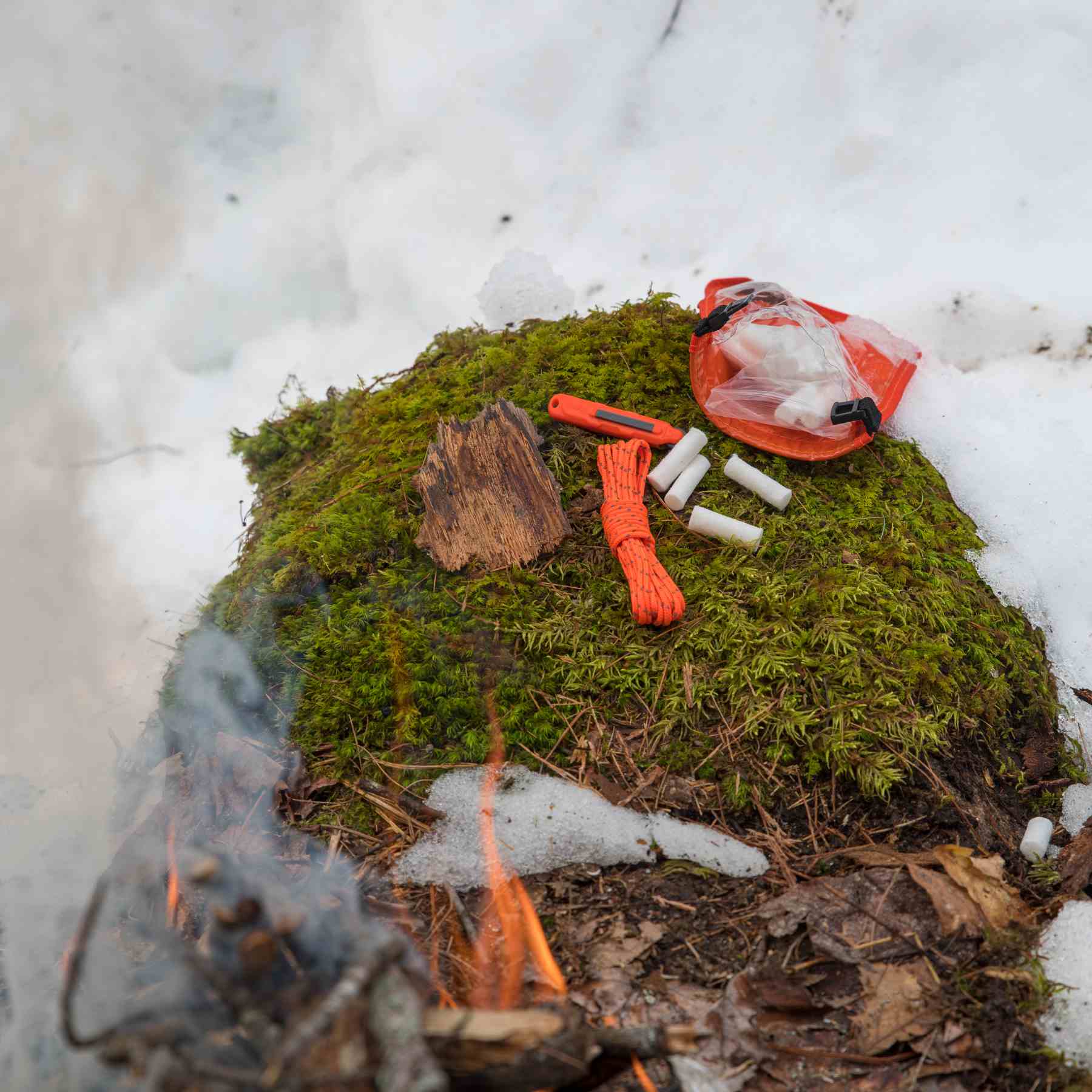 Fire Lite Kit in Dry Bag kit and kit contents on mossy rock with snow around it