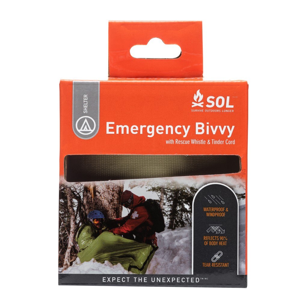 Emergency Bivvy with Rescue Whistle - OD Green in packaging