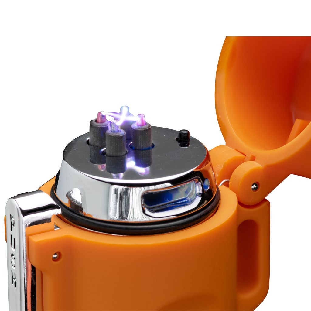 Fire Lite Fuel-Free Lighter close up of lit dual arcs on lighter