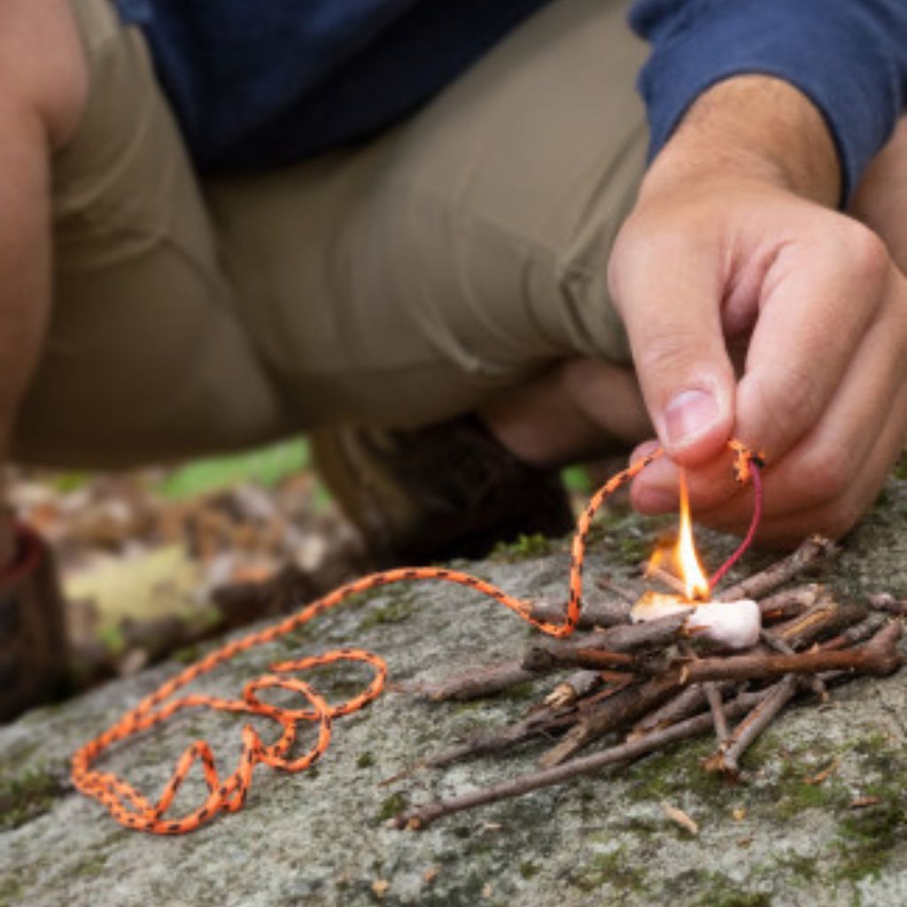 Fire Lite Kit in Dry Bag using tinder cord and Tinder Quik to start a fire on a rock