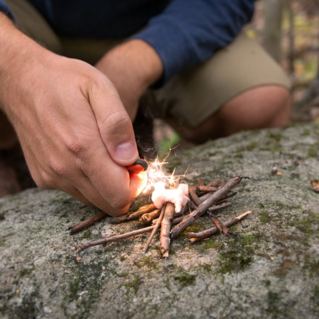 Tinder Quik lighting Tinder Quik with Micro Sparker on twigs on rock